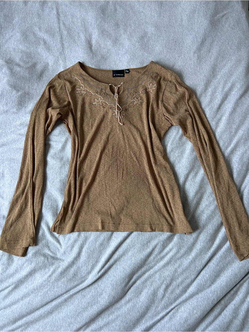 Embroidered Tie-Neck Long Sleeve Blouse in Camel Brown